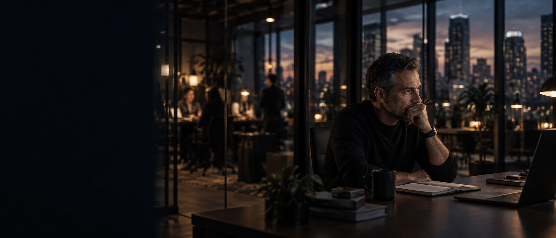 A senior executive at a desk in a modern office at dusk, with a team working behind glass and a city skyline beyond